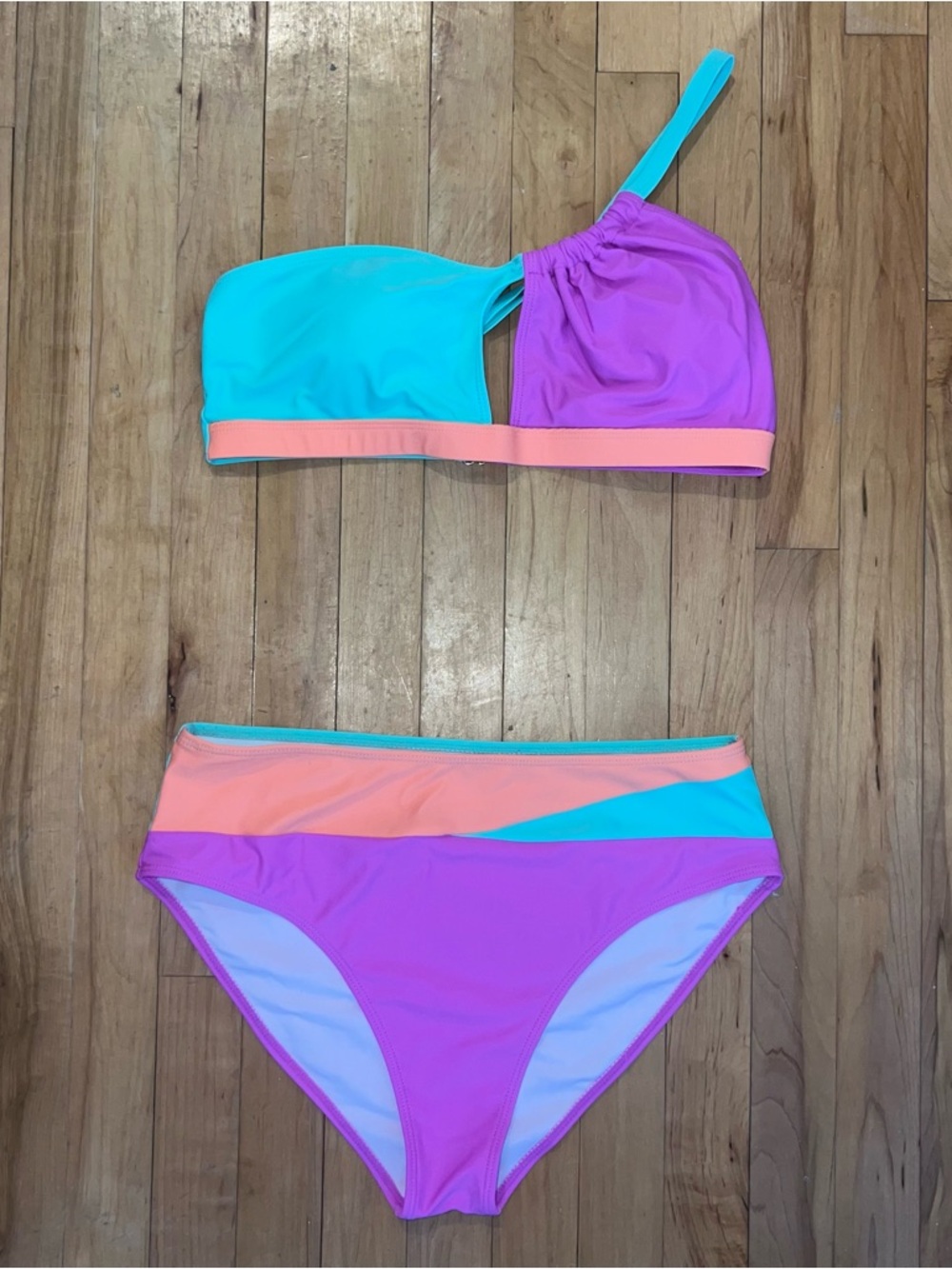Colorblock One-Shoulder Bikini Set in Turquoise, Coral & Purple